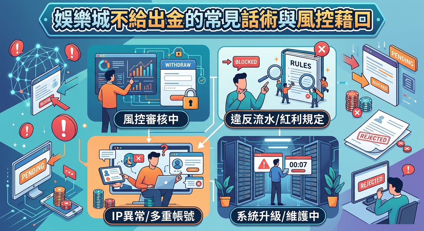 這張圖以繁體中文「娛樂城不給出金的常見話術與風控藉口」為標題，用四大情境插圖拆解常見詐騙手段。 畫面呈現風控審核、流水限制、IP異常及系統維護等封鎖提領的藉口，提醒玩家注意線上博弈陷阱。