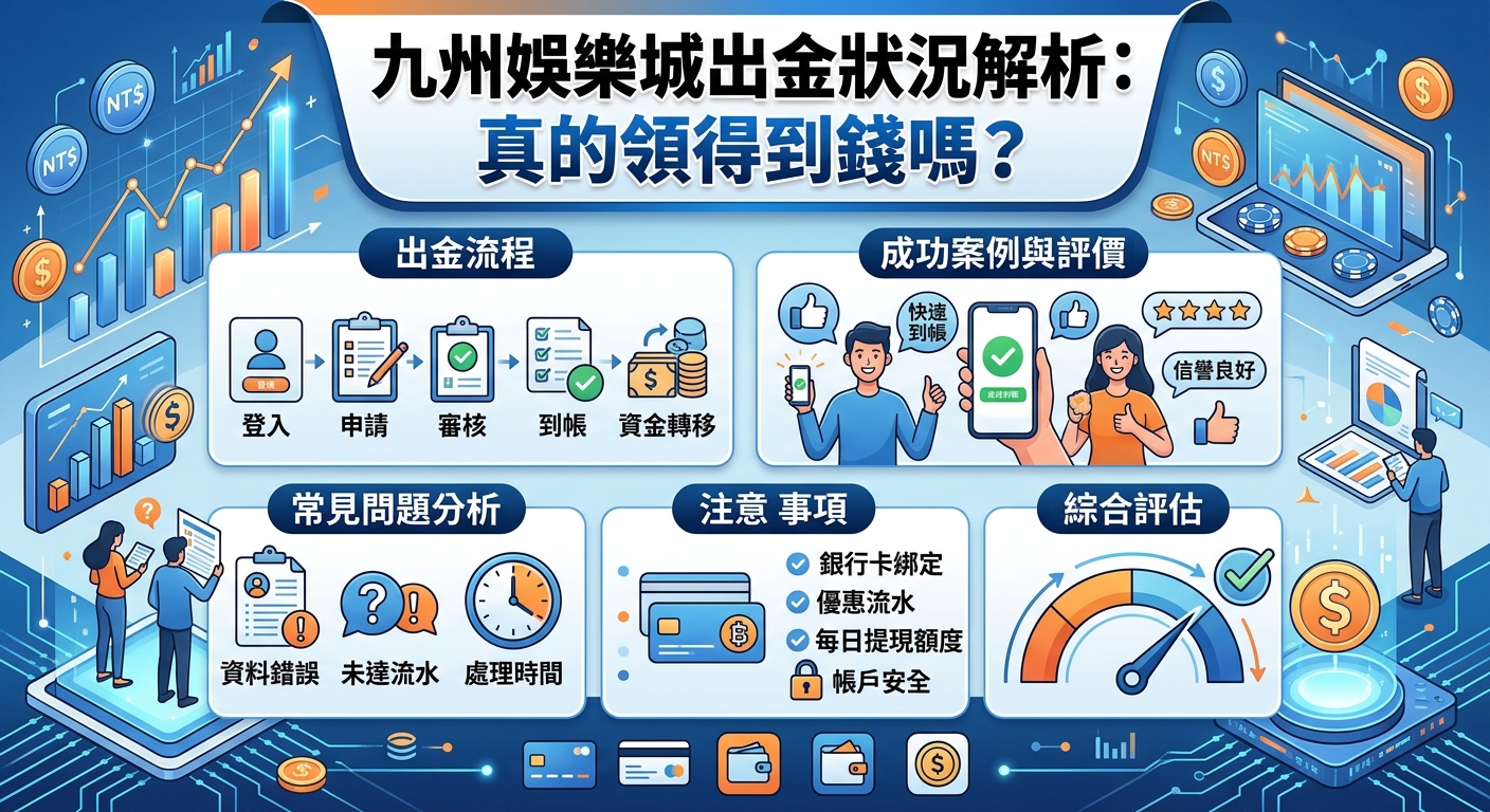 這是一張藍色調的扁平化科技風格資訊圖表，上方印有醒目的中文標題「九州娛樂城出金狀況解析：真的領得到錢嗎？」。 圖中劃分為多個區塊，運用流程圖、卡片式圖示、數據圖表與人物插畫，詳細呈現了出金流程、成功案例、常見問題及注意事項等解析內容。